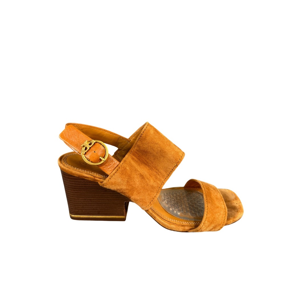 Tory Burch Tan Suede Block Heel Slingback Sandals Gold Logo Buckle 7.5M